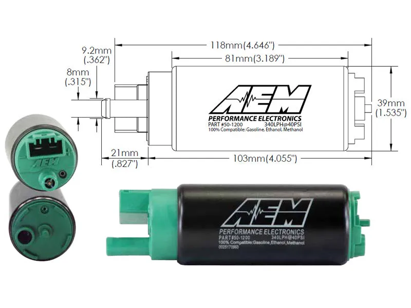 AEM High Flow -" Tank Electric Fuel Pump 320 lph at 43 psi Offset Filter Sock Inlet 8mm Hose Barb Outlet - Install Kit