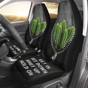 Black Car Seat Cover, Get In Sit Down Shut Up Hold On, Cactus Seat Covers For Auto With Leather Pattern