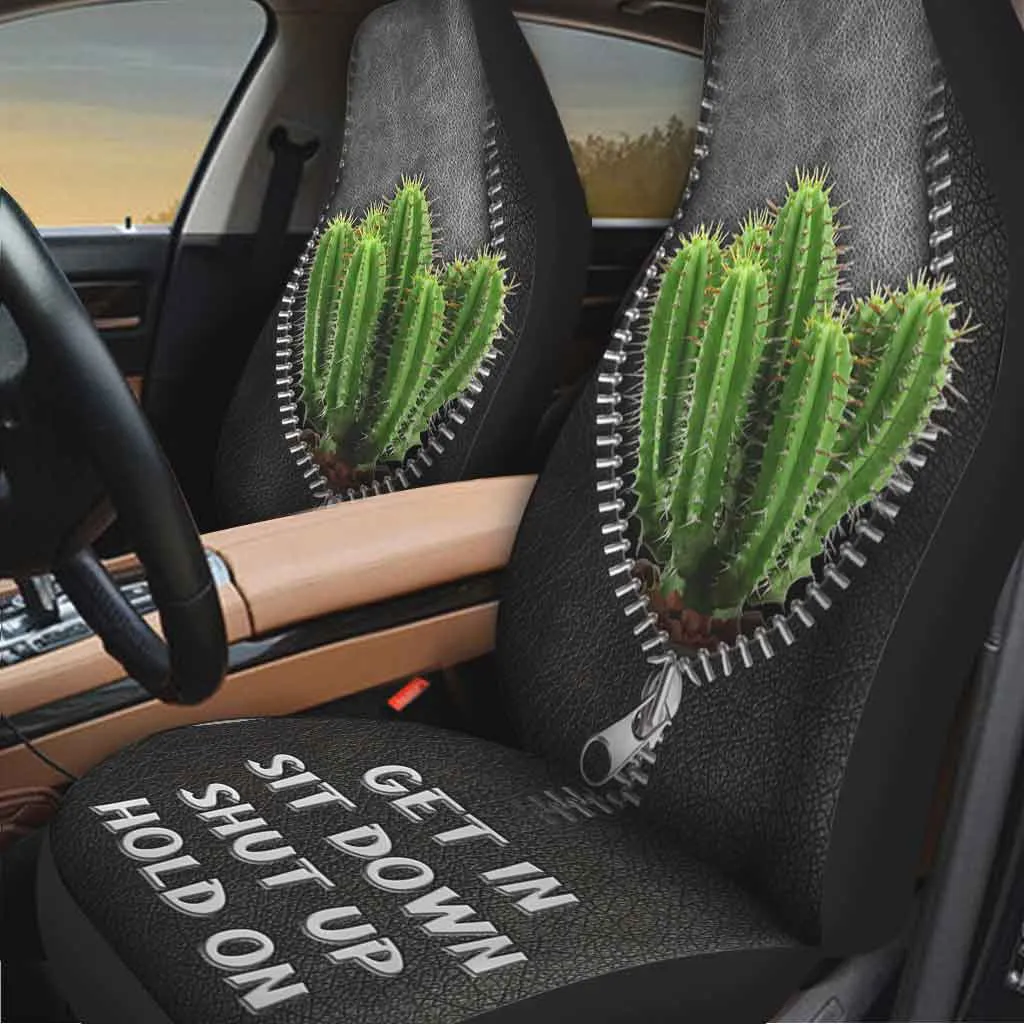 Black Car Seat Cover, Get In Sit Down Shut Up Hold On, Cactus Seat Covers For Auto With Leather Pattern