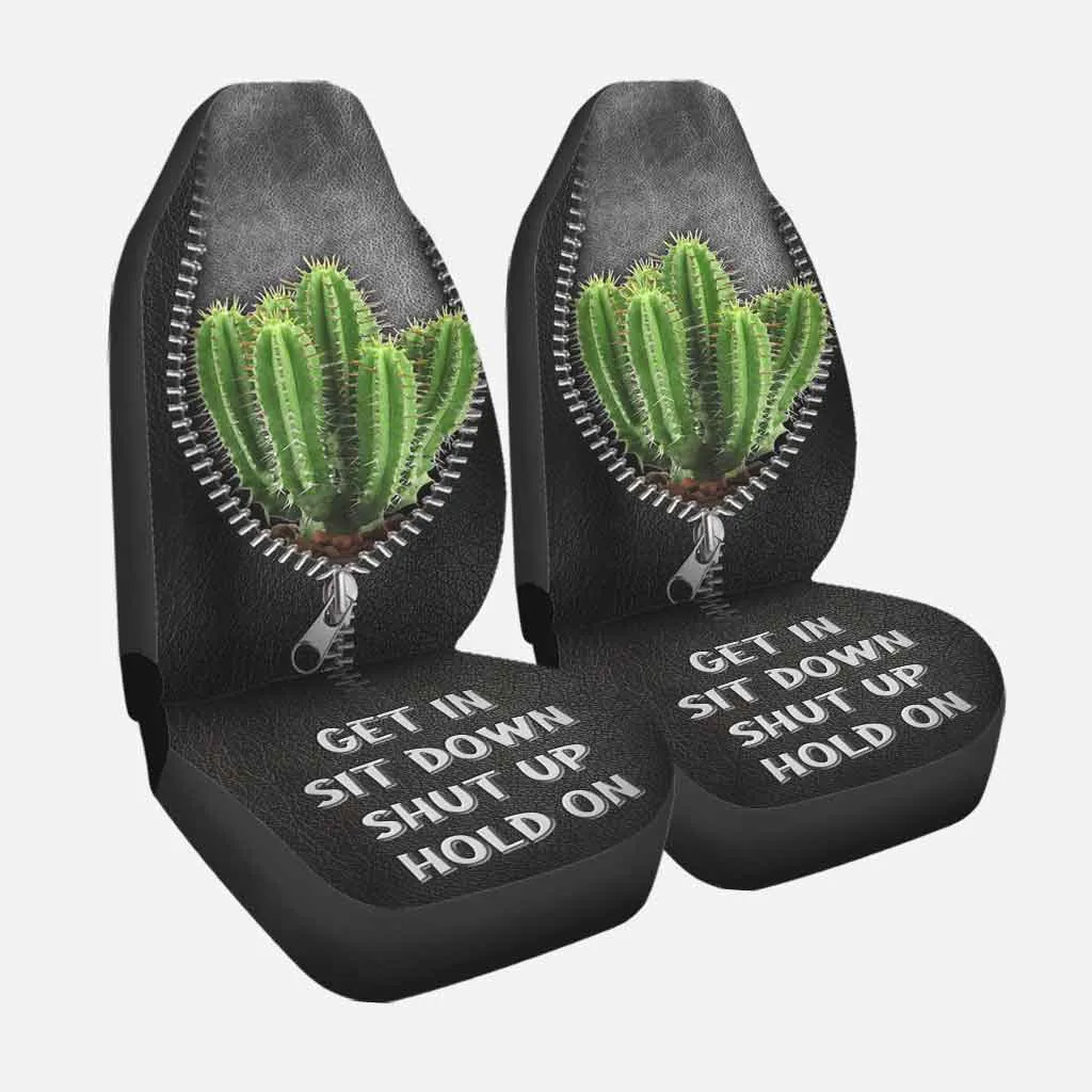 Black Car Seat Cover, Get In Sit Down Shut Up Hold On, Cactus Seat Covers For Auto With Leather Pattern