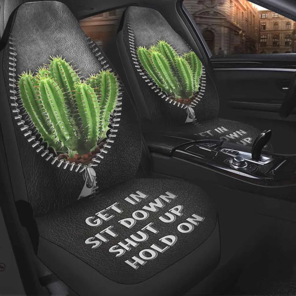 Black Car Seat Cover, Get In Sit Down Shut Up Hold On, Cactus Seat Covers For Auto With Leather Pattern