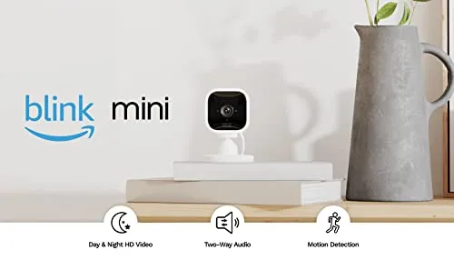 Blink Mini – Compact indoor plug-in smart security camera, 1080p HD video, night vision, motion detection, two-way audio, easy set up, Works with Alexa – 1 camera (White)