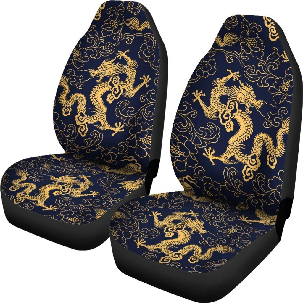 Gold Japanese Dragon Pattern Print Universal Fit Car Seat Covers, Dragon Decoration For A Car