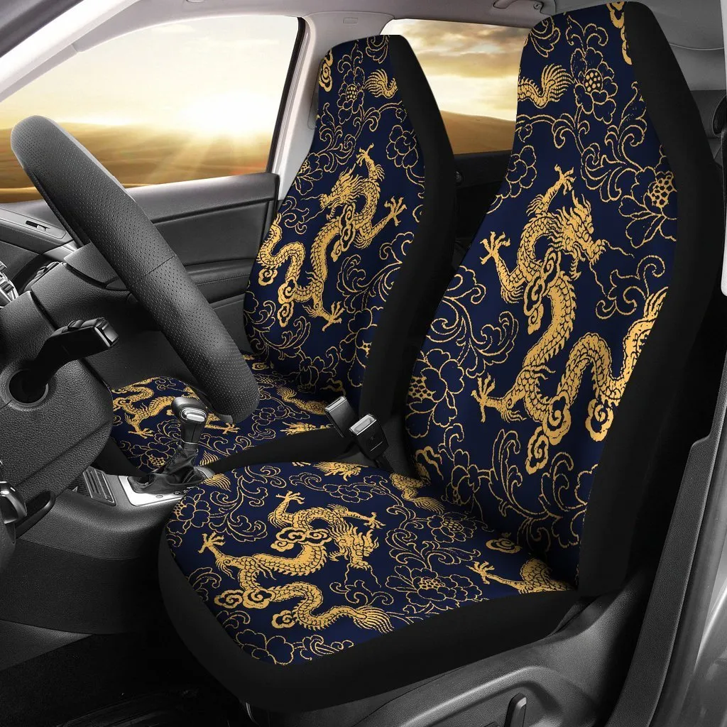 Gold Japanese Dragon Pattern Print Universal Fit Car Seat Covers, Dragon Decoration For A Car
