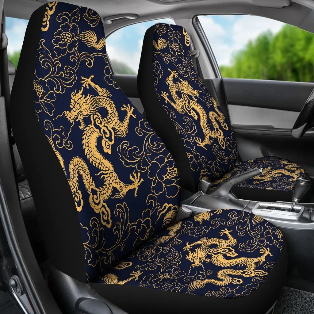 Gold Japanese Dragon Pattern Print Universal Fit Car Seat Covers, Dragon Decoration For A Car