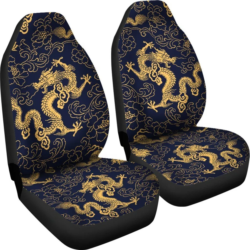 Gold Japanese Dragon Pattern Print Universal Fit Car Seat Covers, Dragon Decoration For A Car