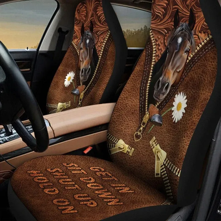 Horse Daisy Zip Car Seat Cover Leather Pattern, Get In Sit Down Carseat Cover