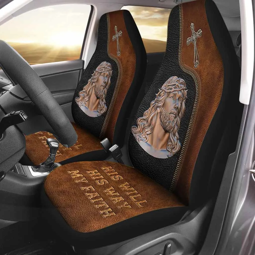 Jesus Front Carseat Cover, His Will His Way My Faith, Christian Seat Covers With Leather Pattern