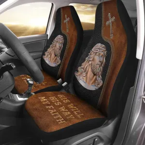 Jesus Front Carseat Cover, His Will His Way My Faith, Christian Seat Covers With Leather Pattern