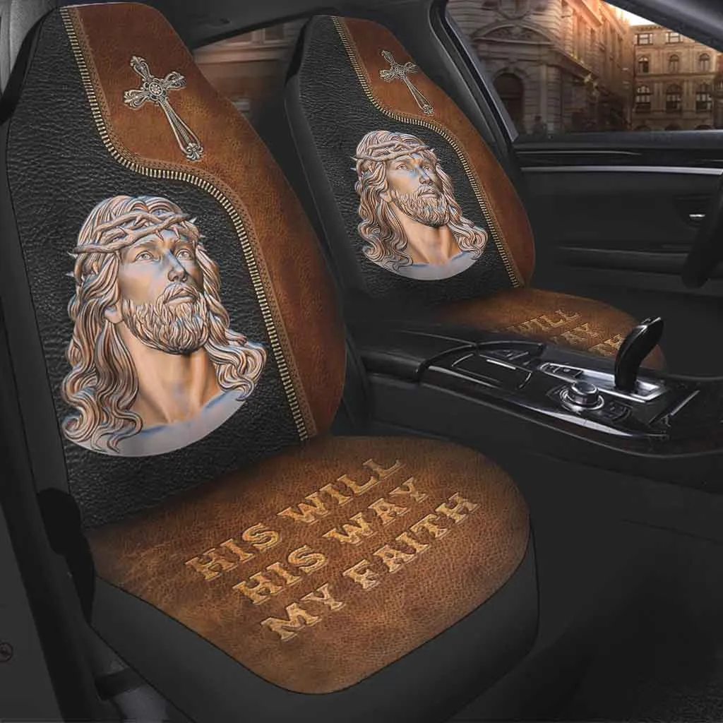 Jesus Front Carseat Cover, His Will His Way My Faith, Christian Seat Covers With Leather Pattern