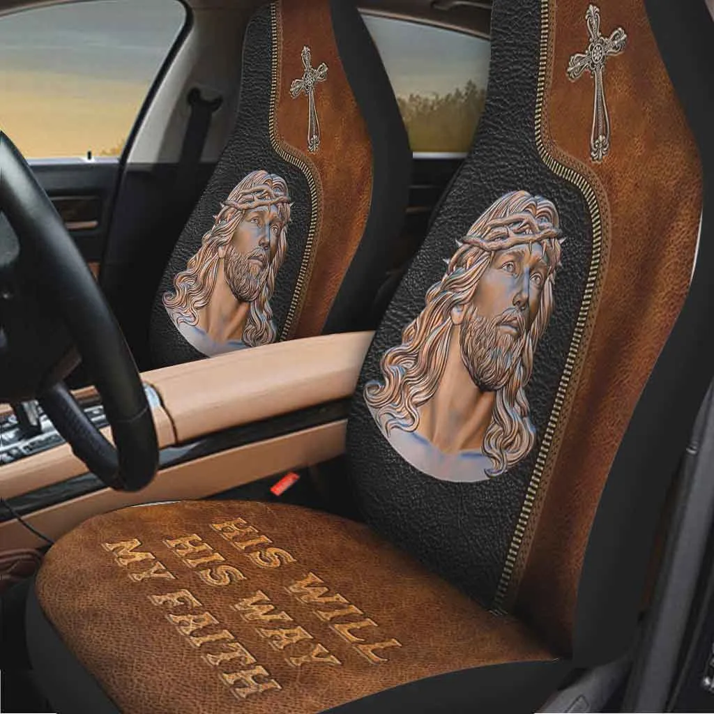 Jesus Front Carseat Cover, His Will His Way My Faith, Christian Seat Covers With Leather Pattern