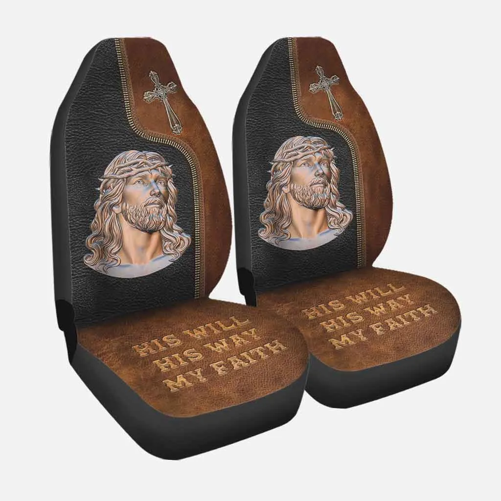Jesus Front Carseat Cover, His Will His Way My Faith, Christian Seat Covers With Leather Pattern