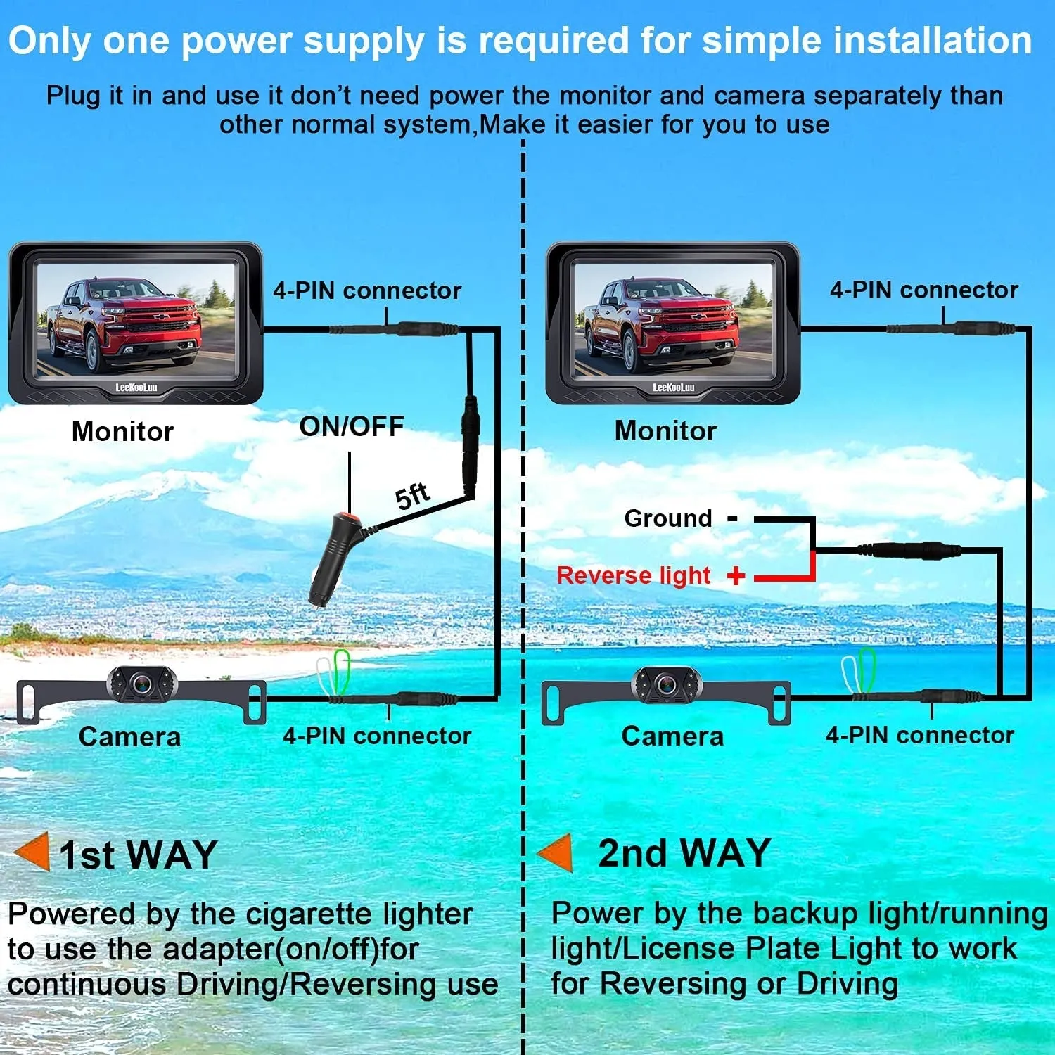 Leekooluu Backup Camera Rear View Monitor Kit HD 1080P for Car Truck Minivan Waterproof Night Vision DIY Grid Lines LK3