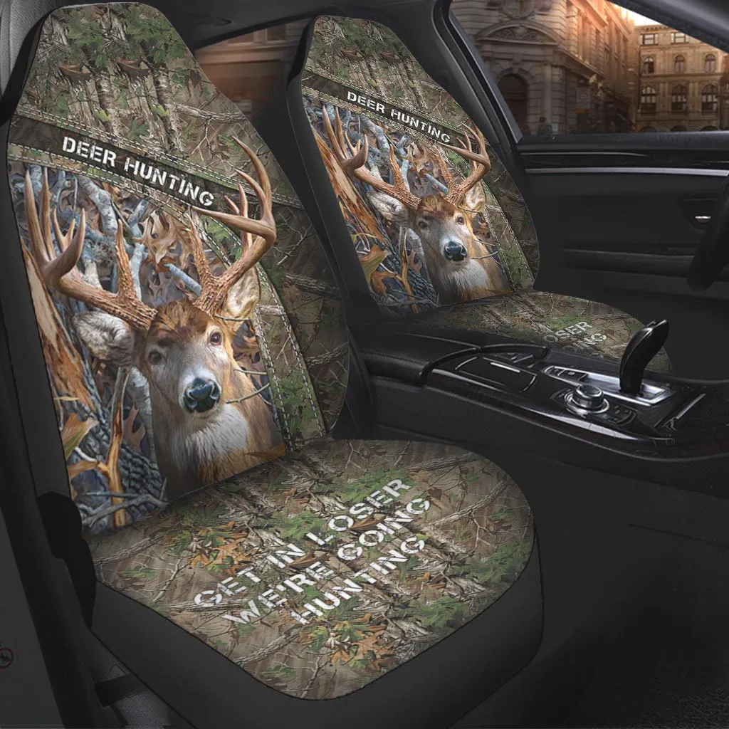 Sublimation Deer Hunting On Car Seat Cover, Auto Front Seat Covers With Leather Pattern Print