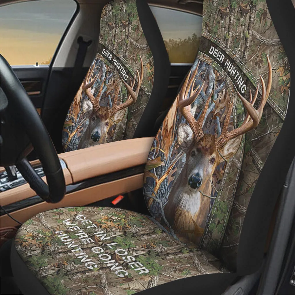 Sublimation Deer Hunting On Car Seat Cover, Auto Front Seat Covers With Leather Pattern Print